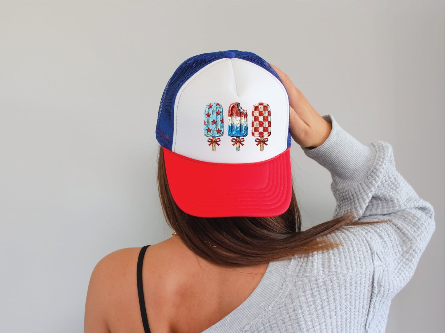 Patriotic Ice Cream DTF Printed Red White And Blue Trucker Hat
