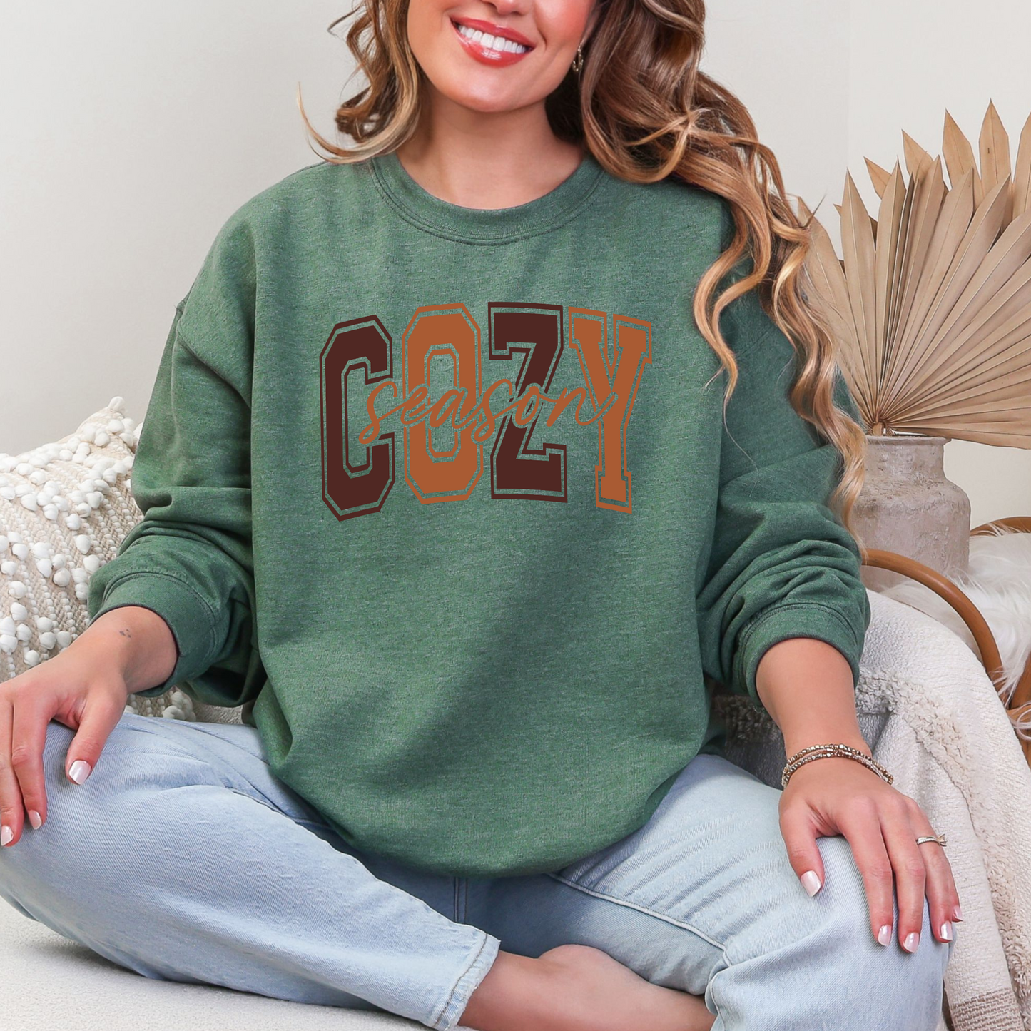 Wholesale Cozy Season Cursive Sweatshirt - Heather Dark Green Sweatshirt