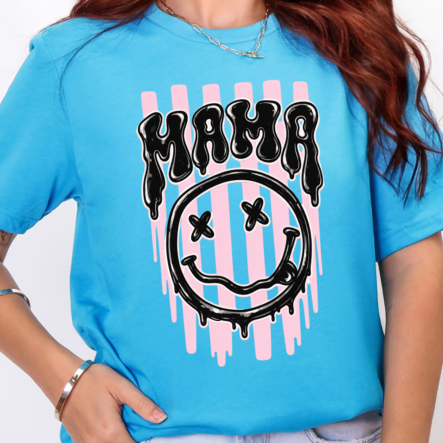 Wholesale Mama Smiley Face Graphic Tee - Heather Aqua Tee