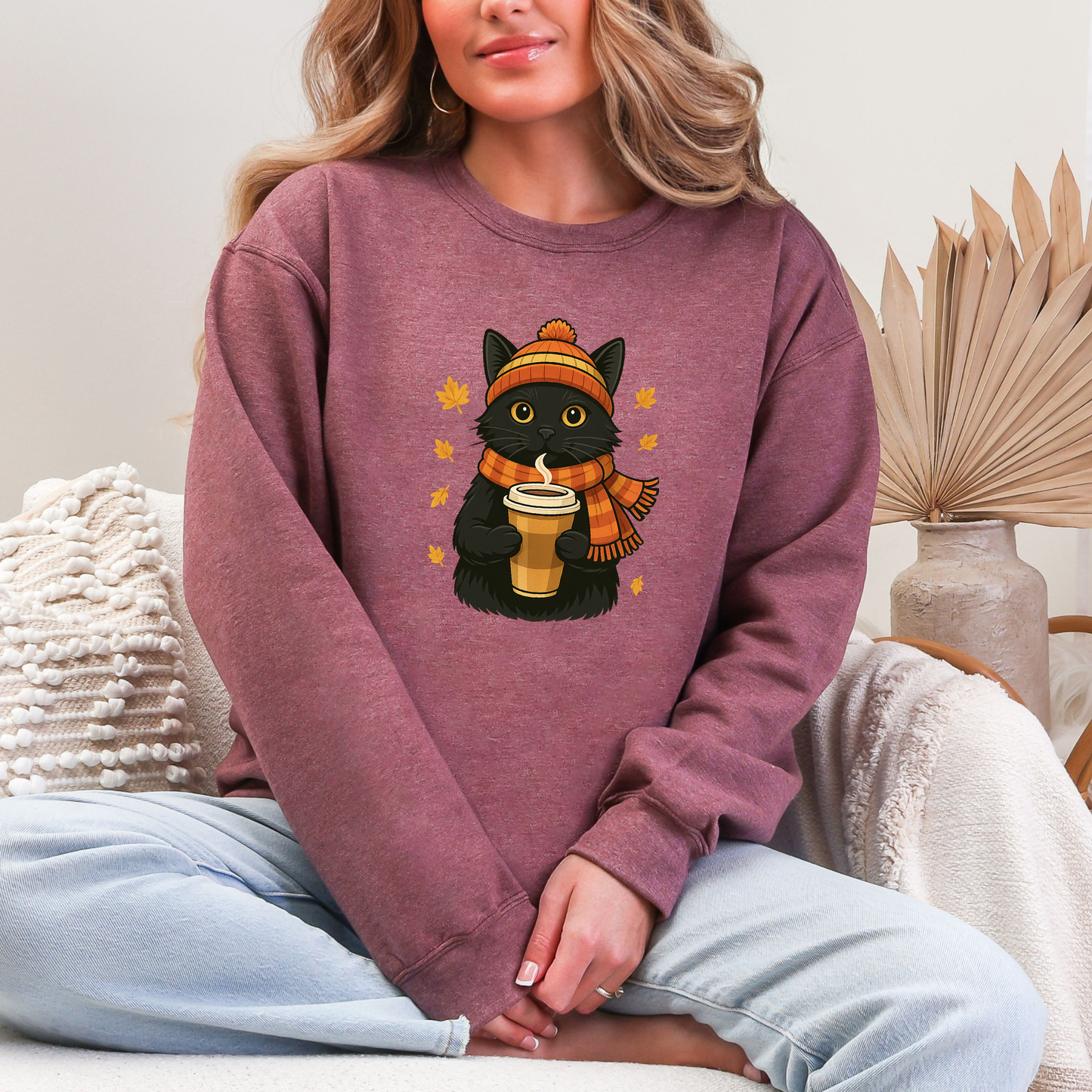 Wholesale Fall Cat with Latte Sweatshirt - Heather Dark Maroon Sweatshirt