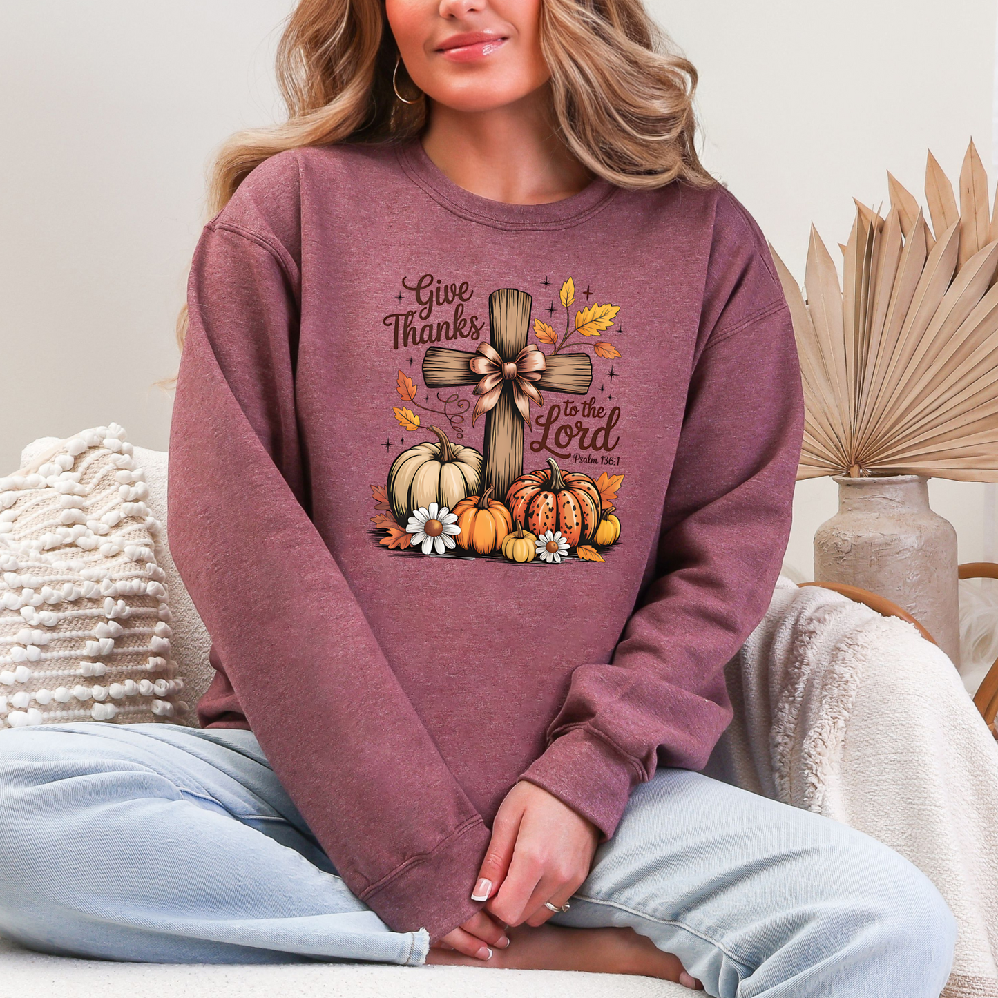 Wholesale Cross Give Thanks To The Lord Sweatshirt - Heather Dark Maroon Sweatshirt