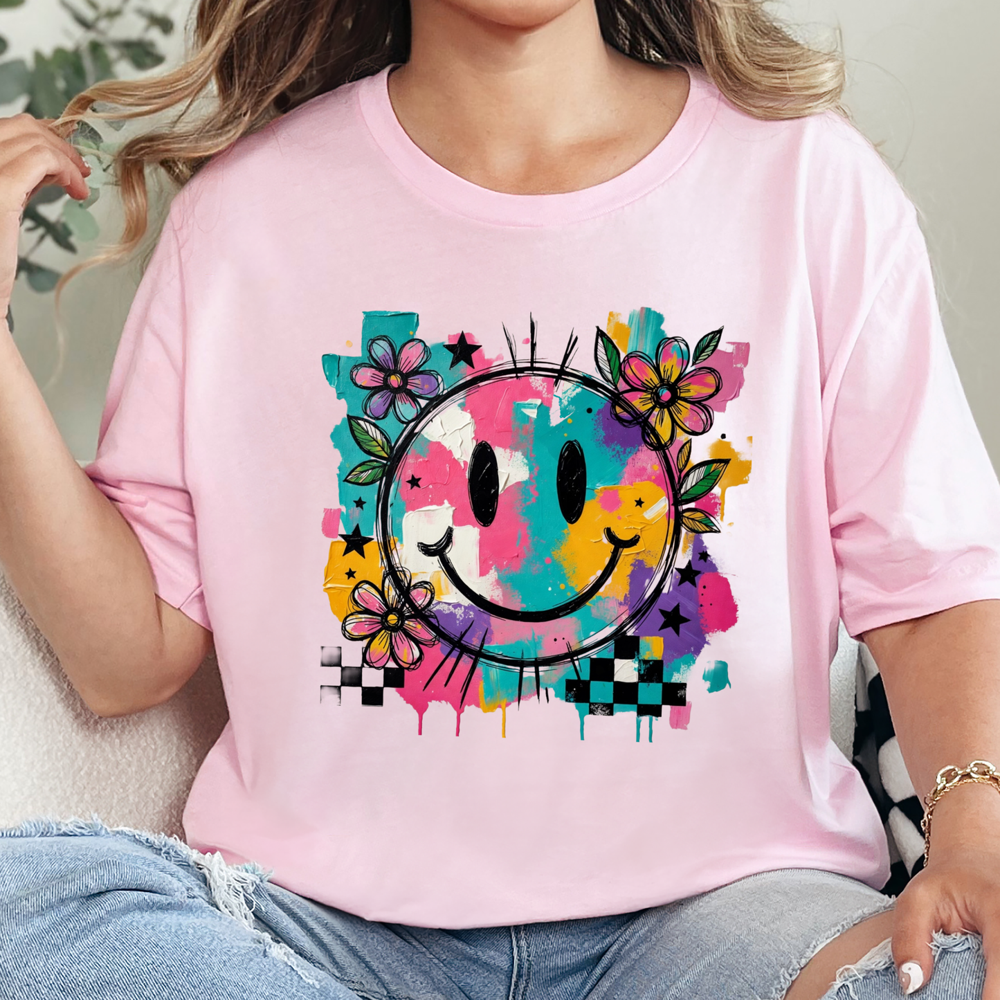 Wholesale Floral Happy Face Graphic Tee - Soft Pink Tee