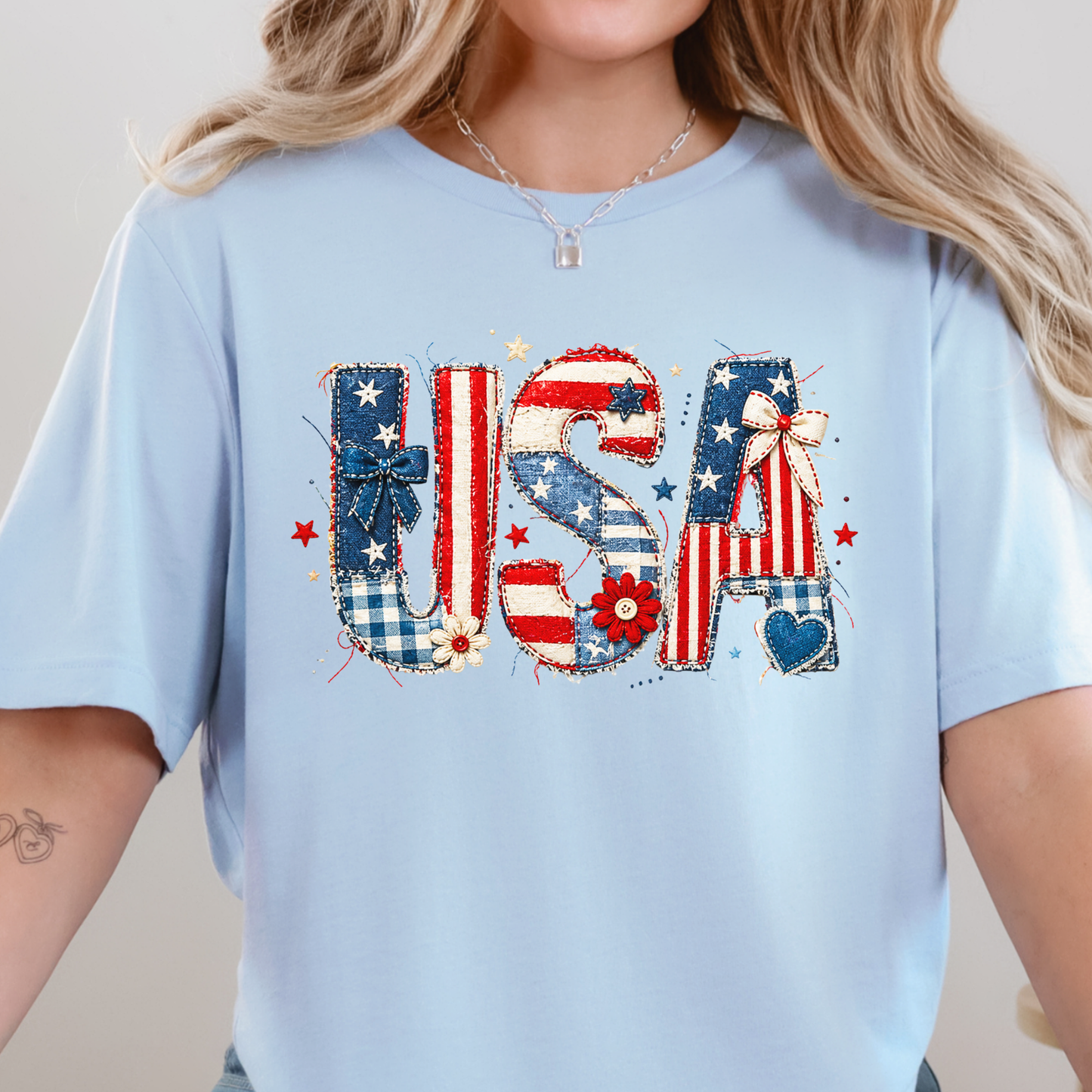 Wholesale USA Patchwork Graphic Tee - Baby Blue