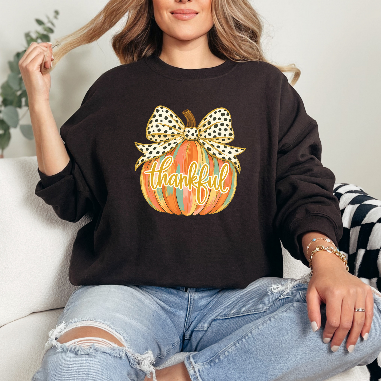 Wholesale Colorful Thankful Pumpkin Sweatshirt - Dark Chocolate Sweatshirt
