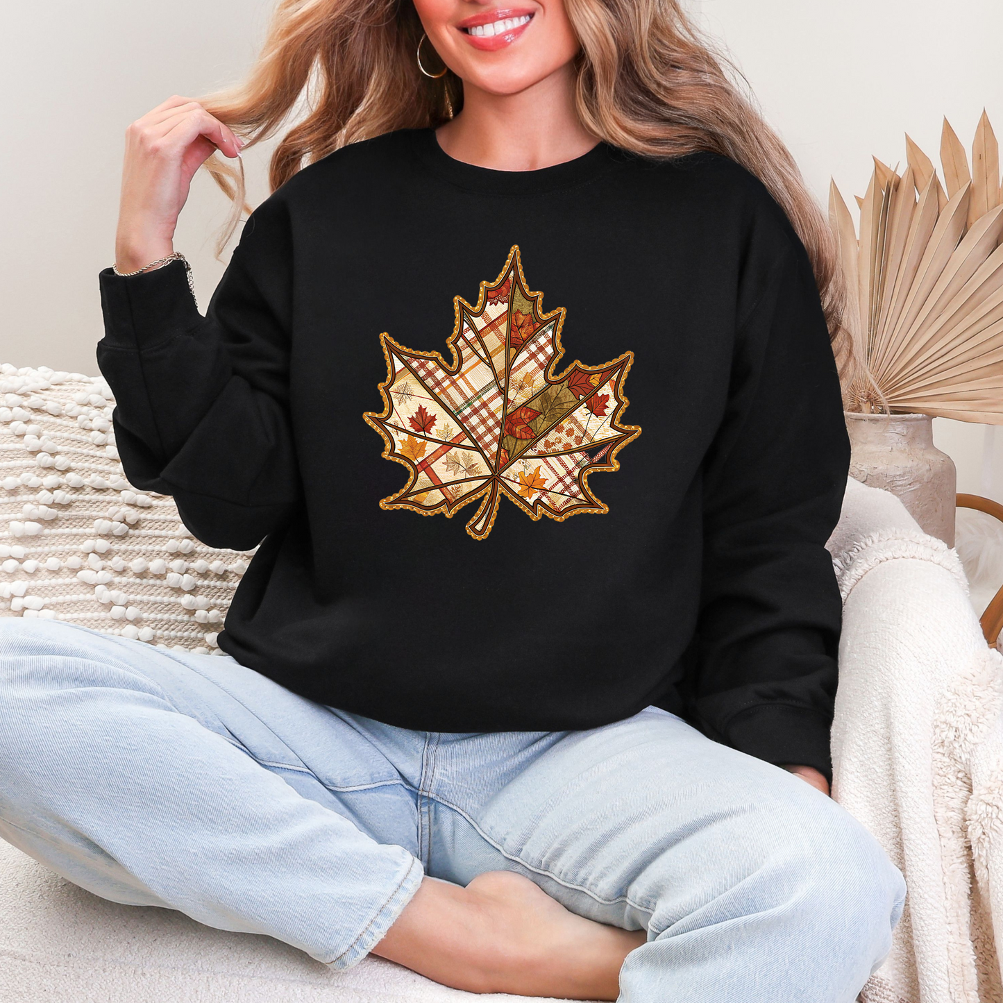 Wholesale Maple Leaf Patchwork Sweatshirt - Black Sweatshirt