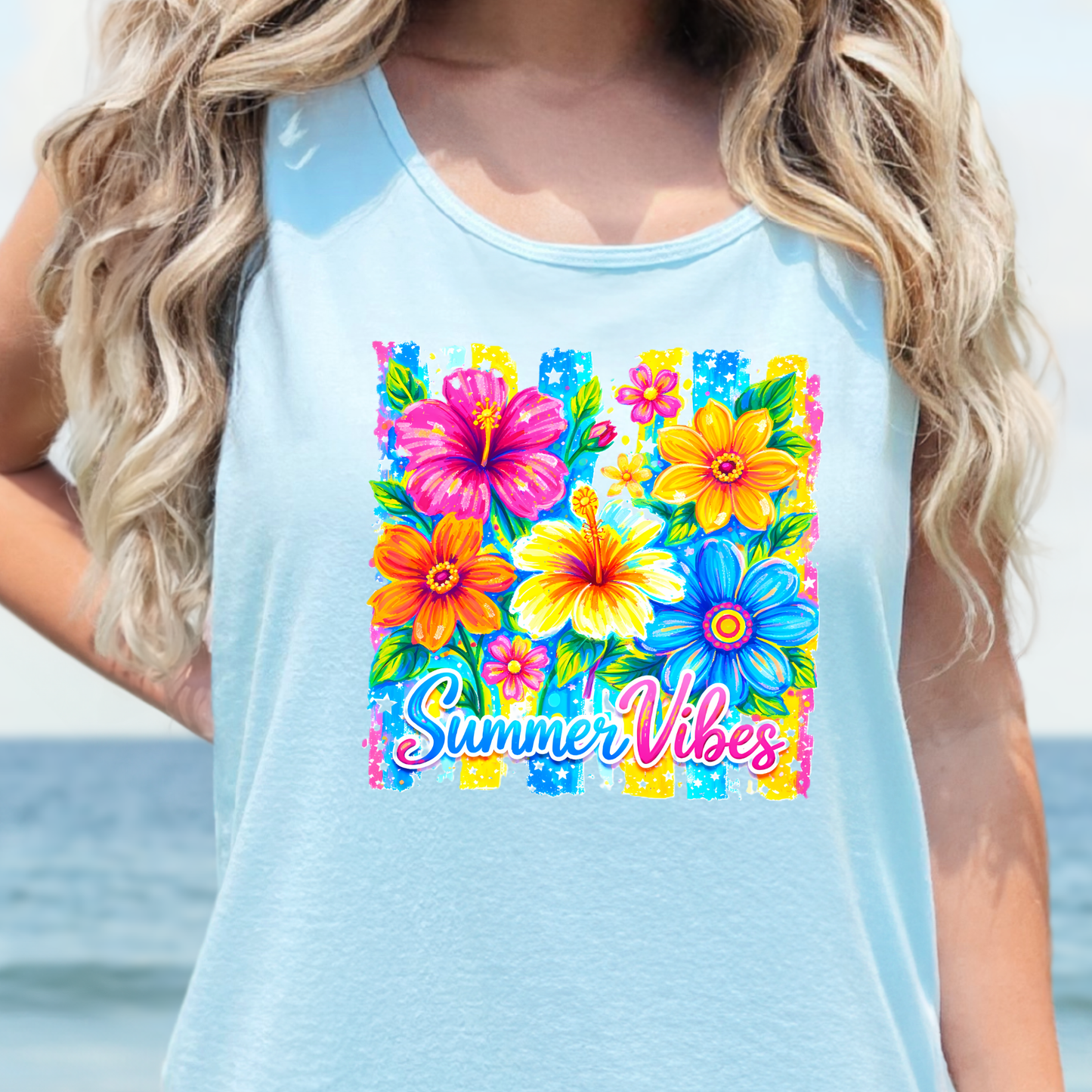 Wholesale Coastal Summer Vibes Graphic Tank Top - Chambray