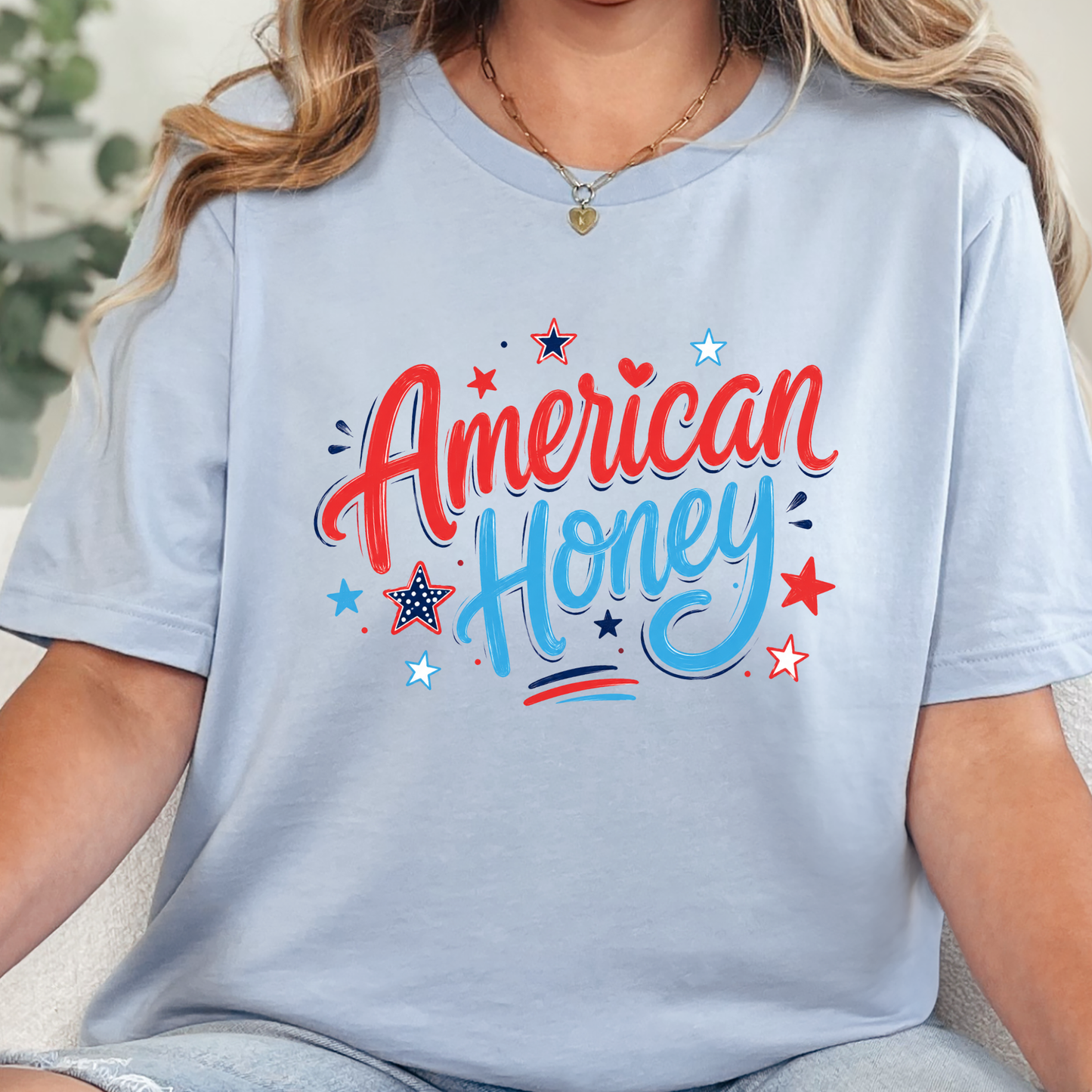 Wholesale Patriotic American Honey Graphic Tee - Baby Blue Tee