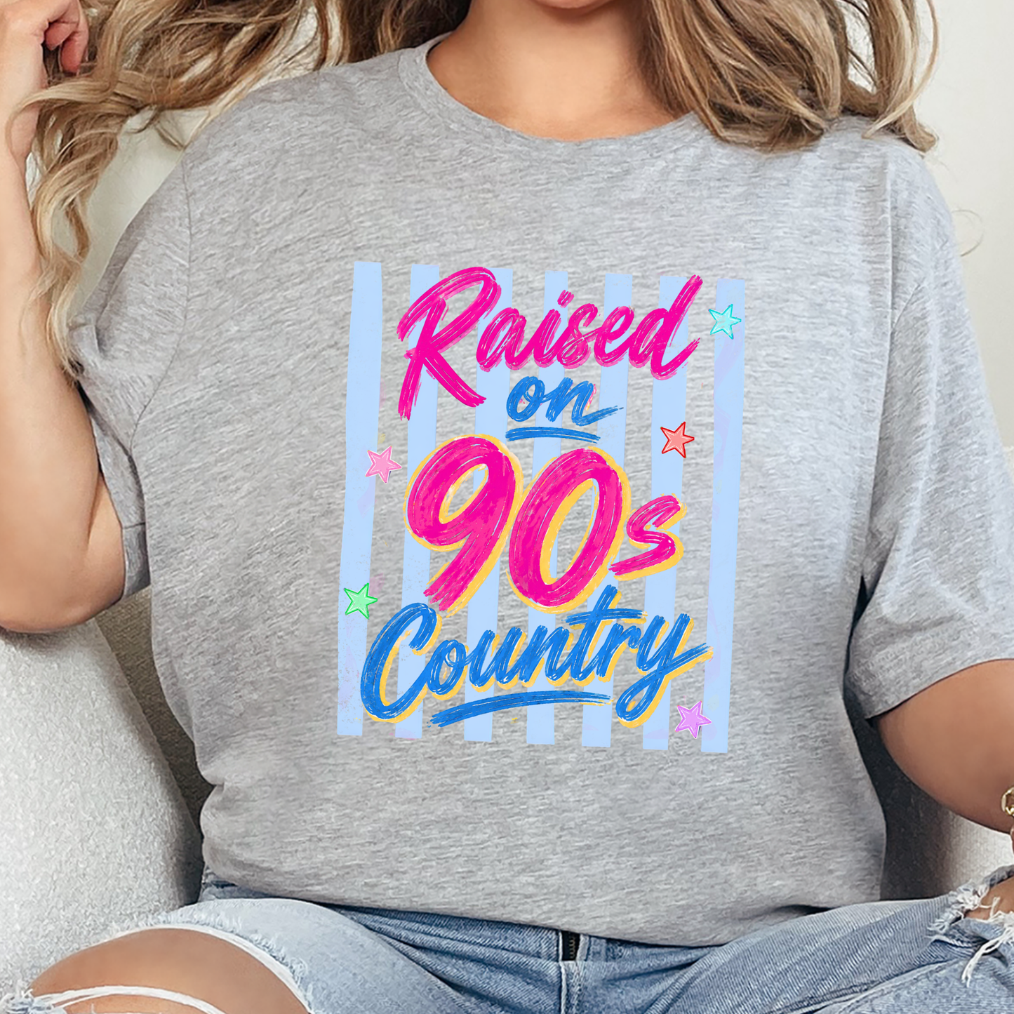 Wholesale Raised on 90s Country Stripes Graphic Tee - Grey