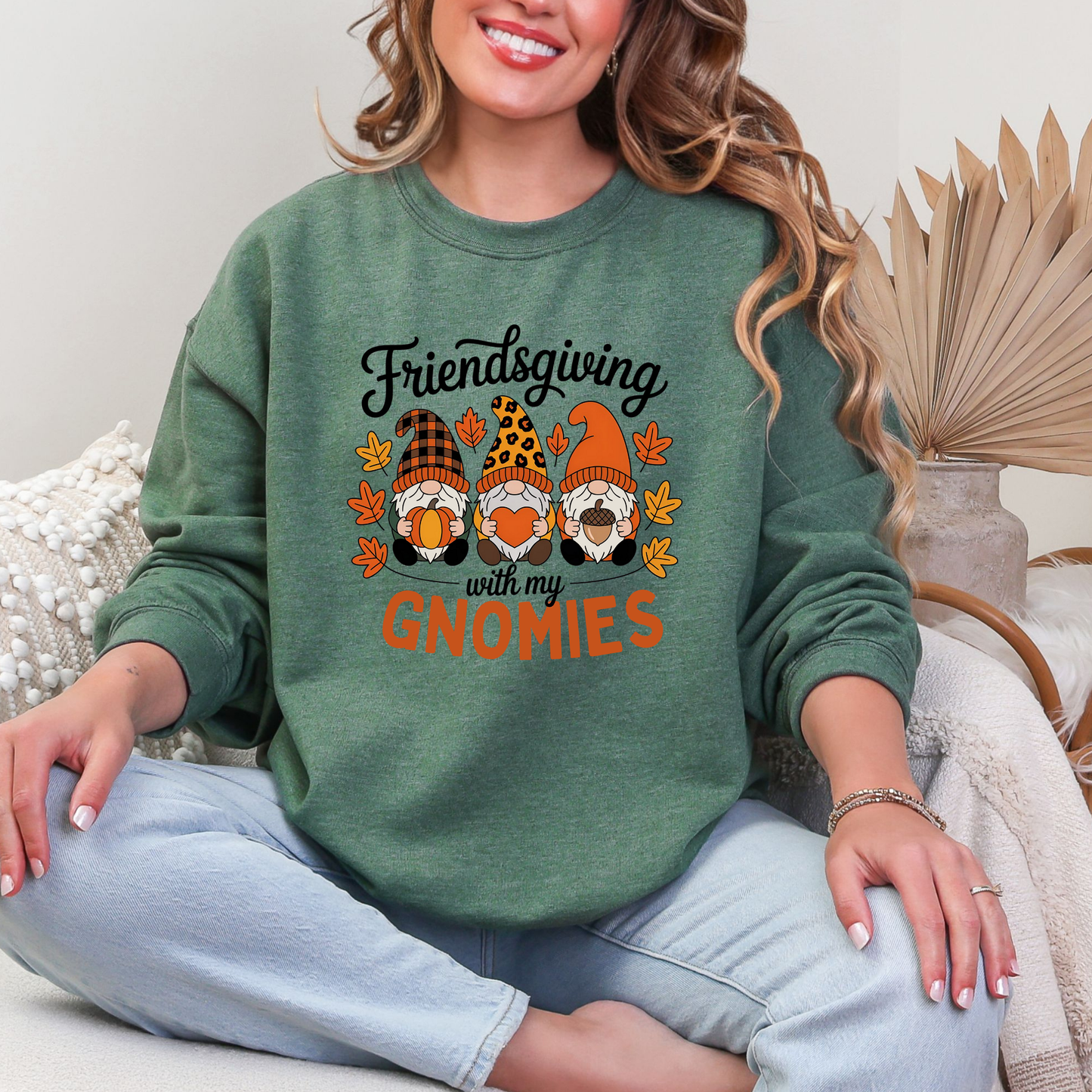 Wholesale Friendsgiving With My Gnomies Sweatshirt - Heather Dark Green Sweatshirt