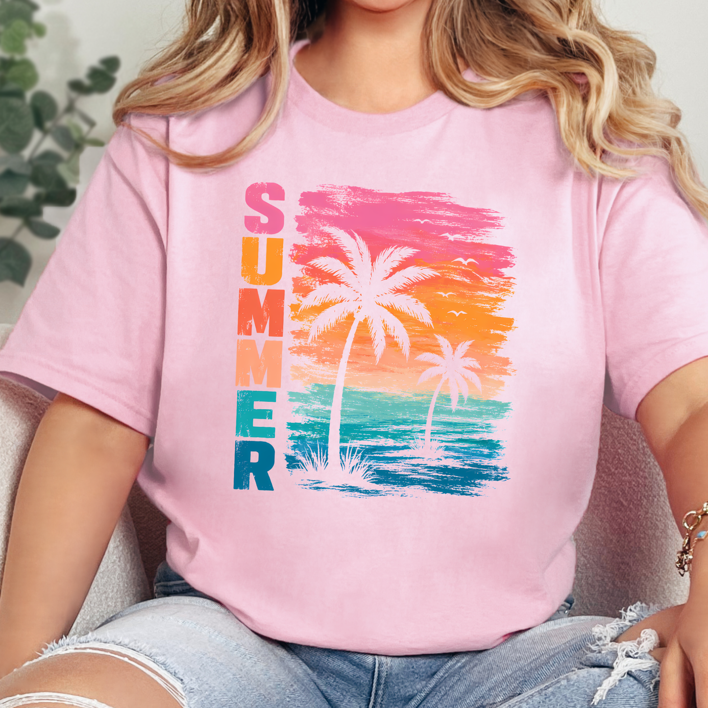 Wholesale Summer Beach Sunset Graphic Tee - Pink