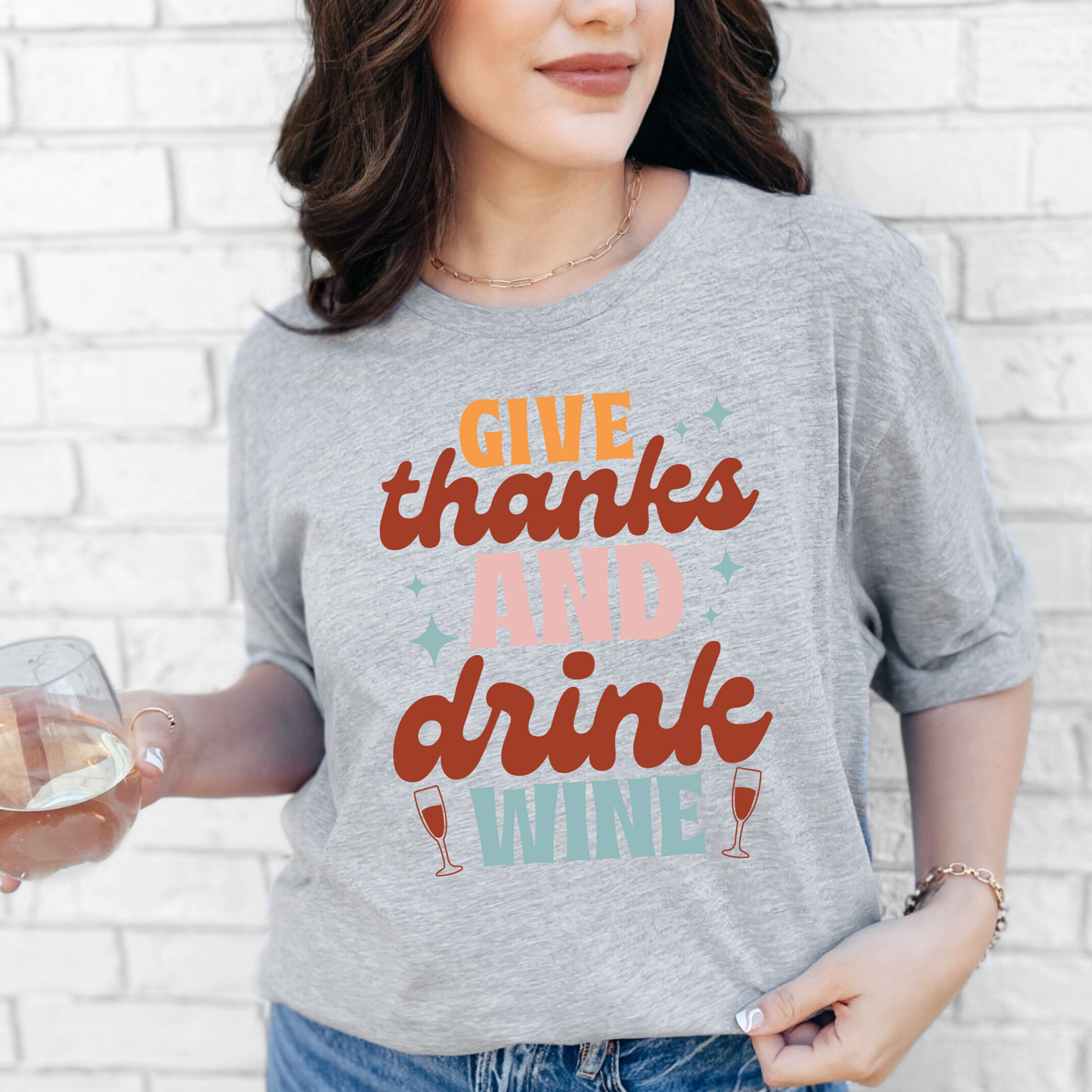 Wholesale Give Thanks and Drink Wine Graphic Tee - Grey Tee