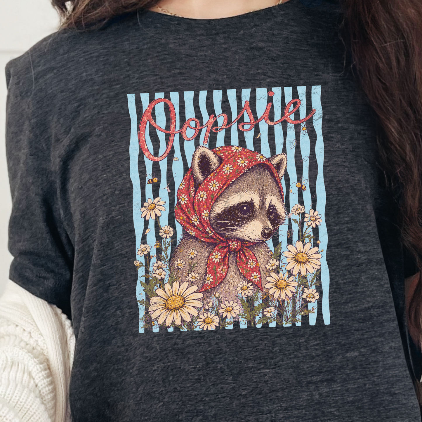 Wholesale Oopsie Raccoon Graphic Tee - Dark Grey Heather Tee
