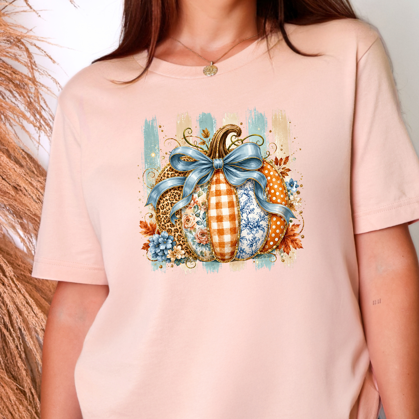 Wholesale Striped Patchwork Pumpkin Graphic Tee - Peach