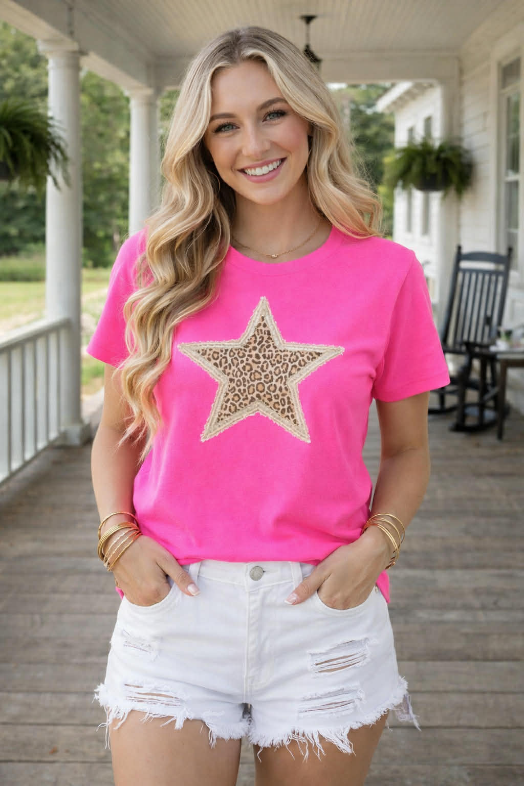 Faux Stitch Leopard Star - Neon Pink Graphic Tee