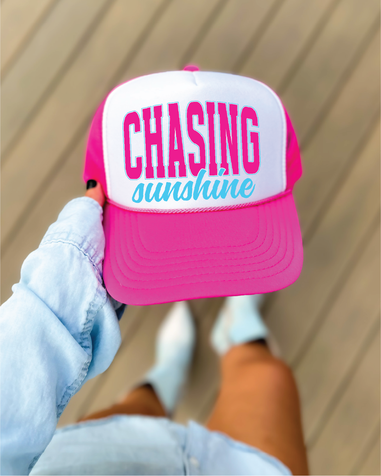 Chasing Sunshine DTF Printed - UNISEX Hot Pink and White Trucker Hat