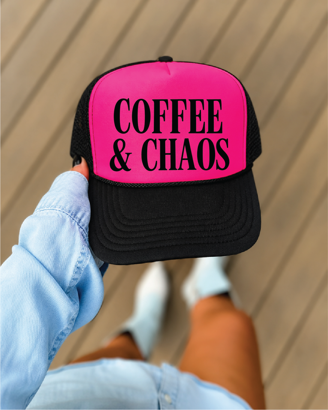 Coffee and Chaos DTF Printed - UNISEX Neon Pink and Black Trucker Hat