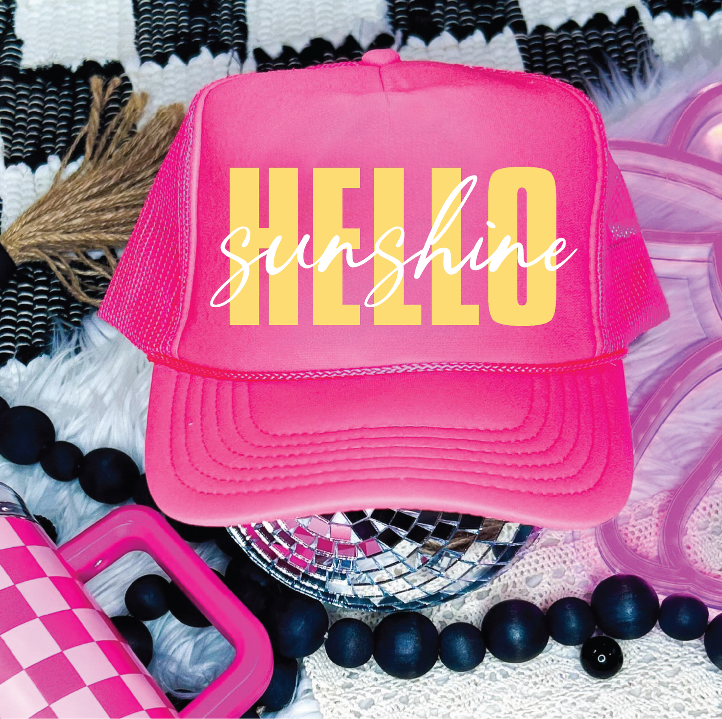 Hello Sunshine- DTF Printed Neon Pink Trucker Hat