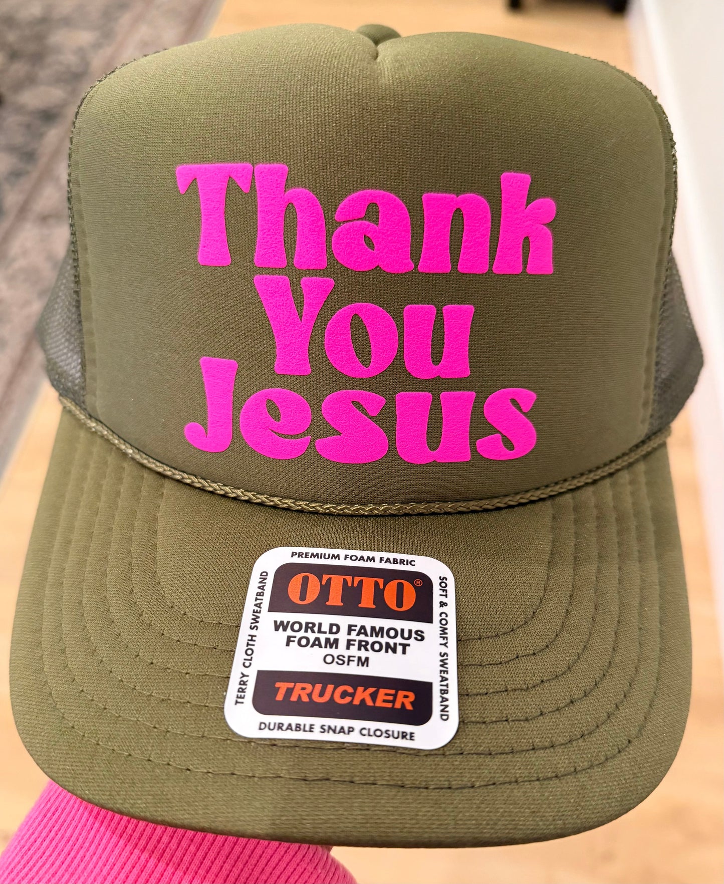 THANK YOU JESUS - 3D Puff Vinyl Neon Pink on Olive Foam Trucker Hat