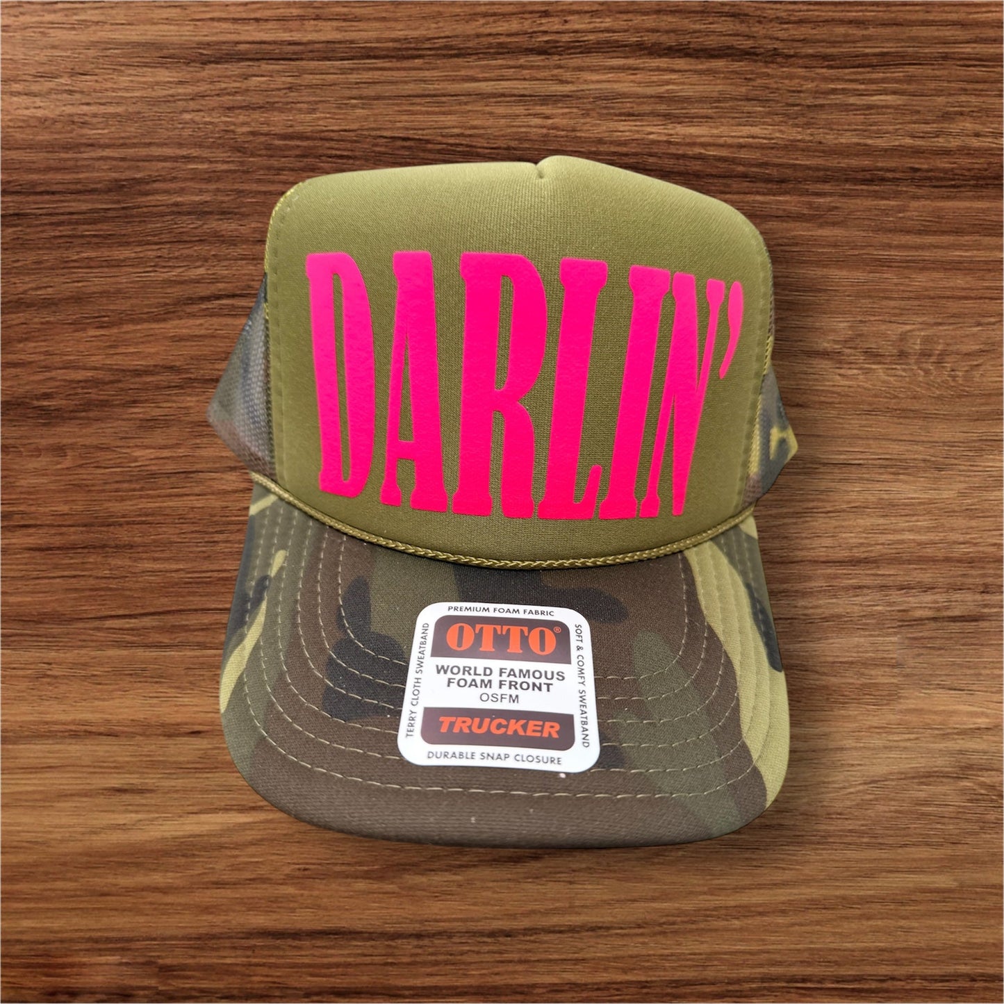 DARLIN PINK PUFF on Camo and Olive Foam Trucker Hat