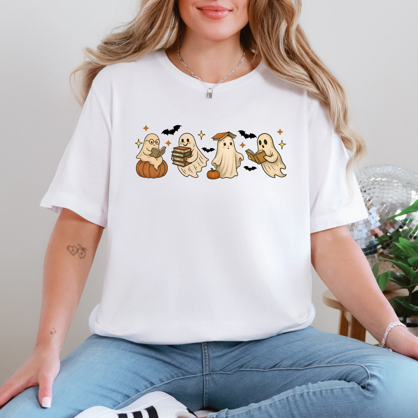Wholesale Reading Ghosts with Pumpkins Sweatshirt - White Tee