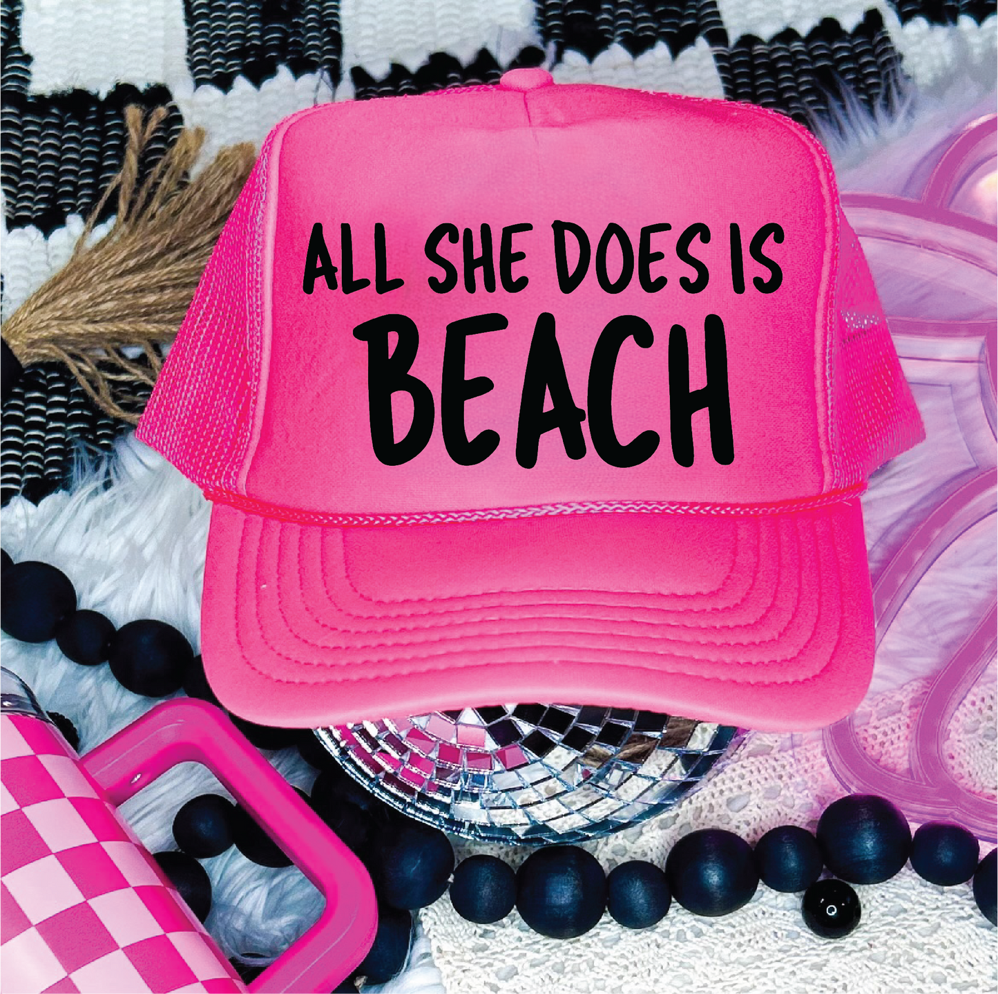 All She Does is Beach- DTF Printed Neon Pink Trucker Hat