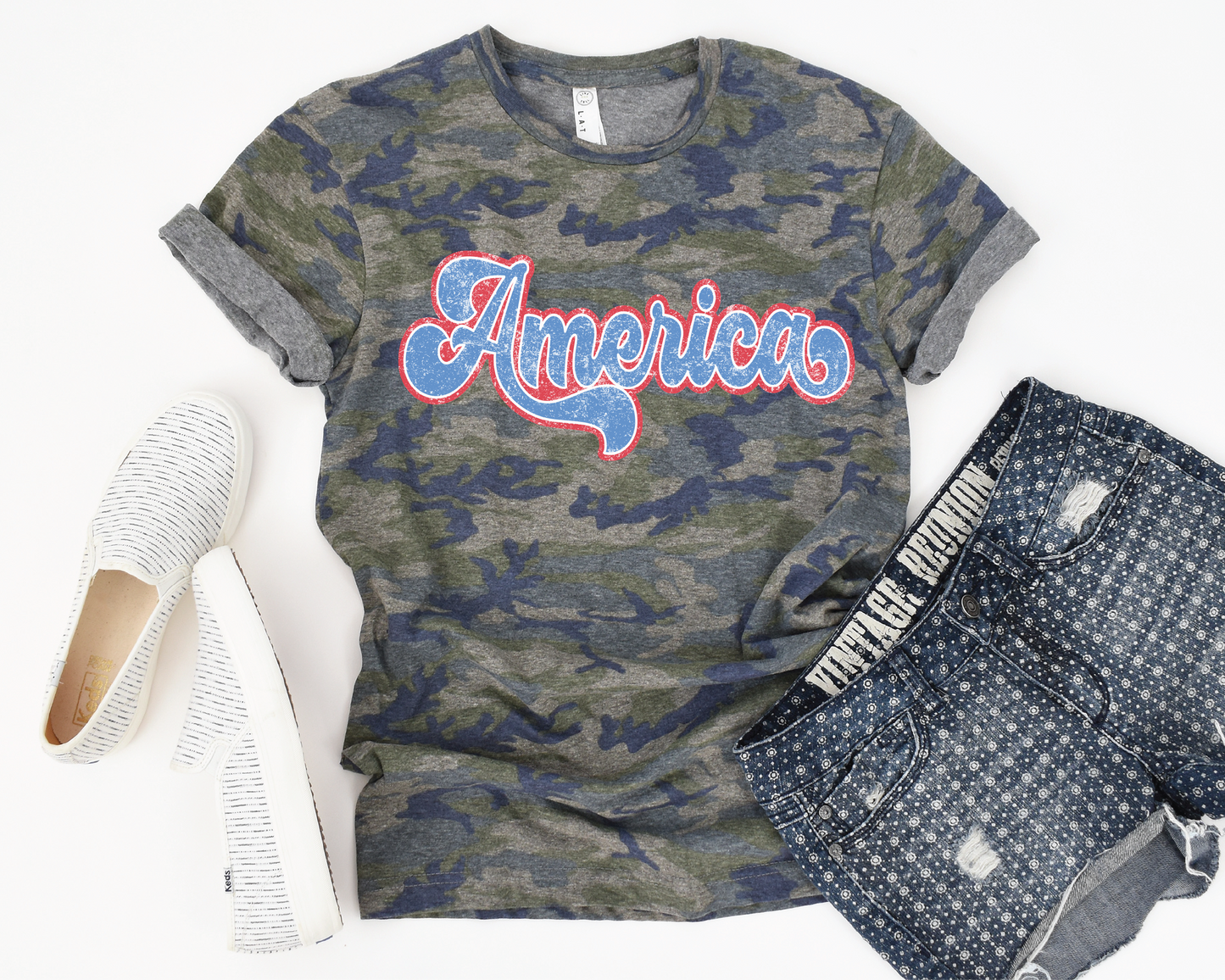 America Cursive Unisex Camo Tee