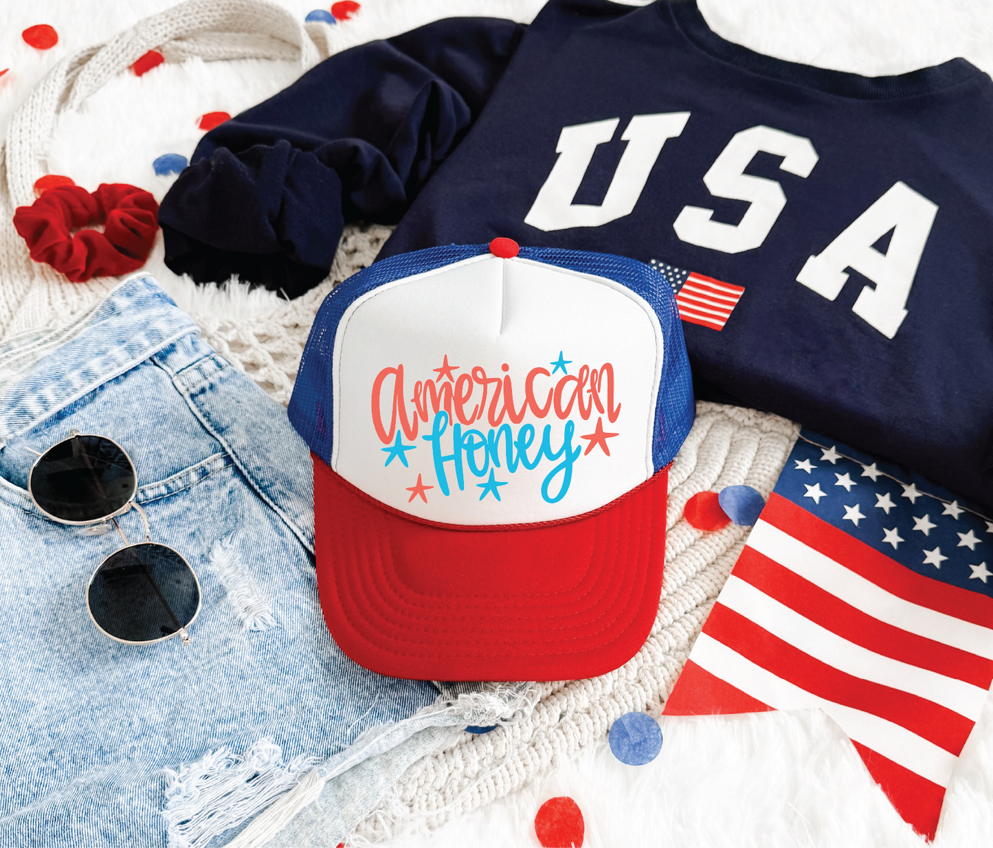 American Honey DTF Printed Red White And Blue Trucker Hat