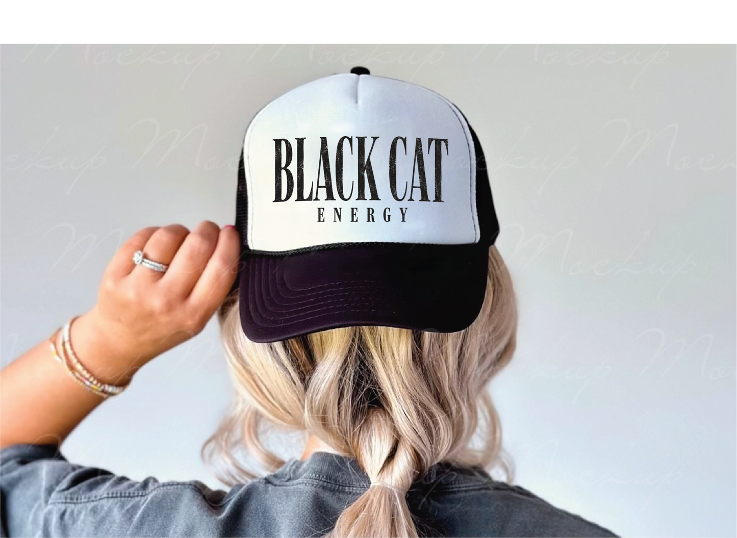 Black Cat Energy- UNISEX BLACK and White Trucker Hat