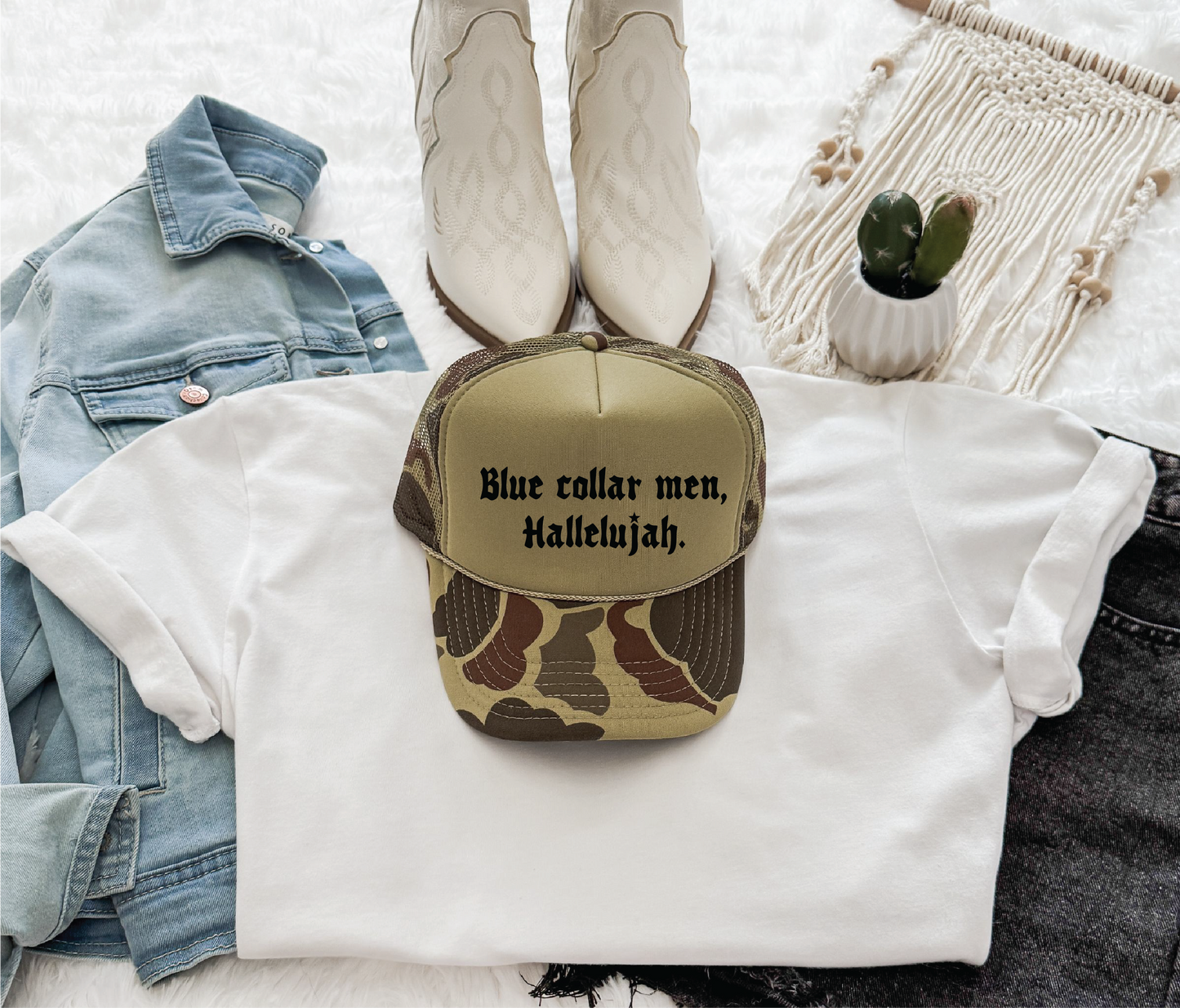 Blue Collar Men Hallelujah DTF printed on Camo and Olive Foam Trucker Hat