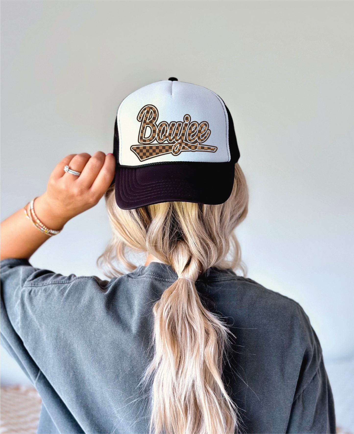Checkered Boujee DTF Printed Black And White Trucker Hat