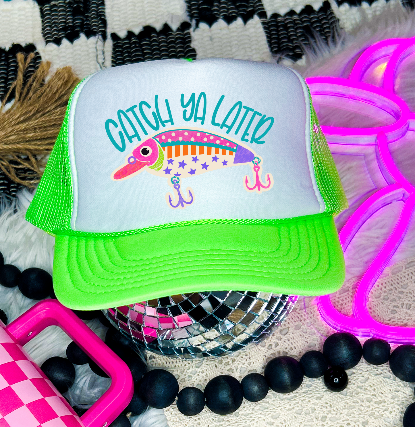 Catch Ya Later - DTF Printed - UNISEX Neon Green and White Trucker Hat