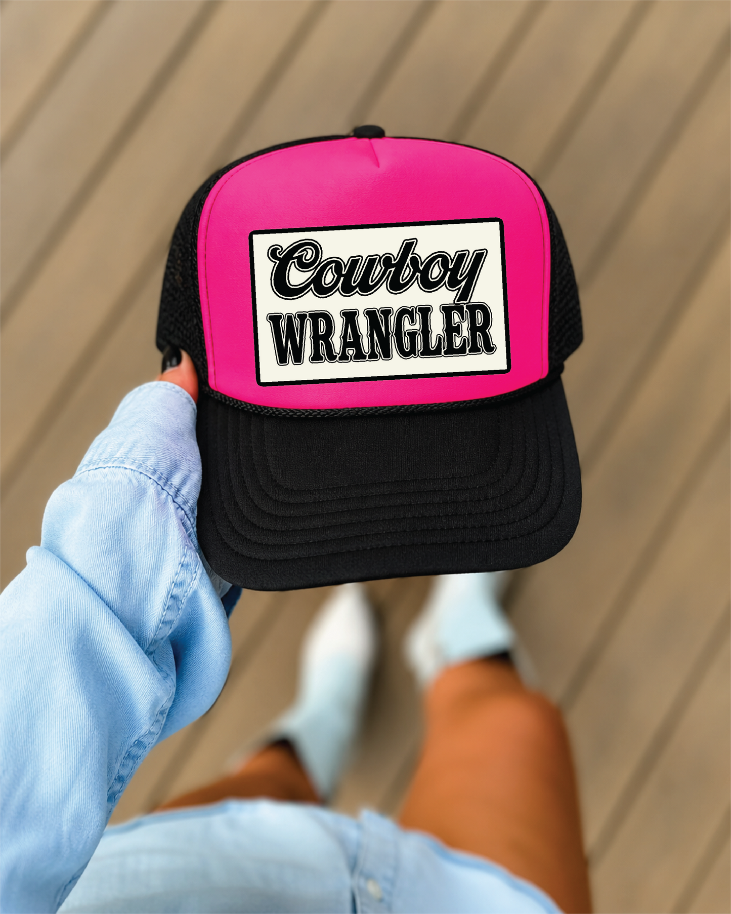Cowboy Wrangler DTF Printed - UNISEX Neon Pink and Black Trucker Hat