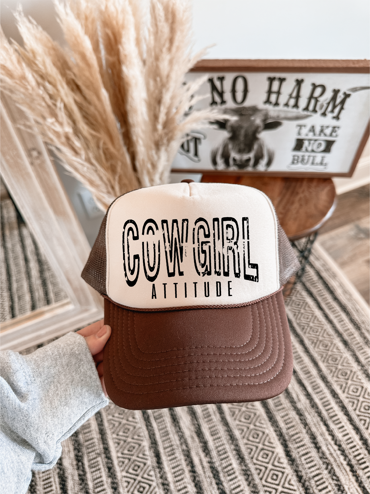 Cowgirl Attitude DTF Printed Brown and Tan Trucker Hat