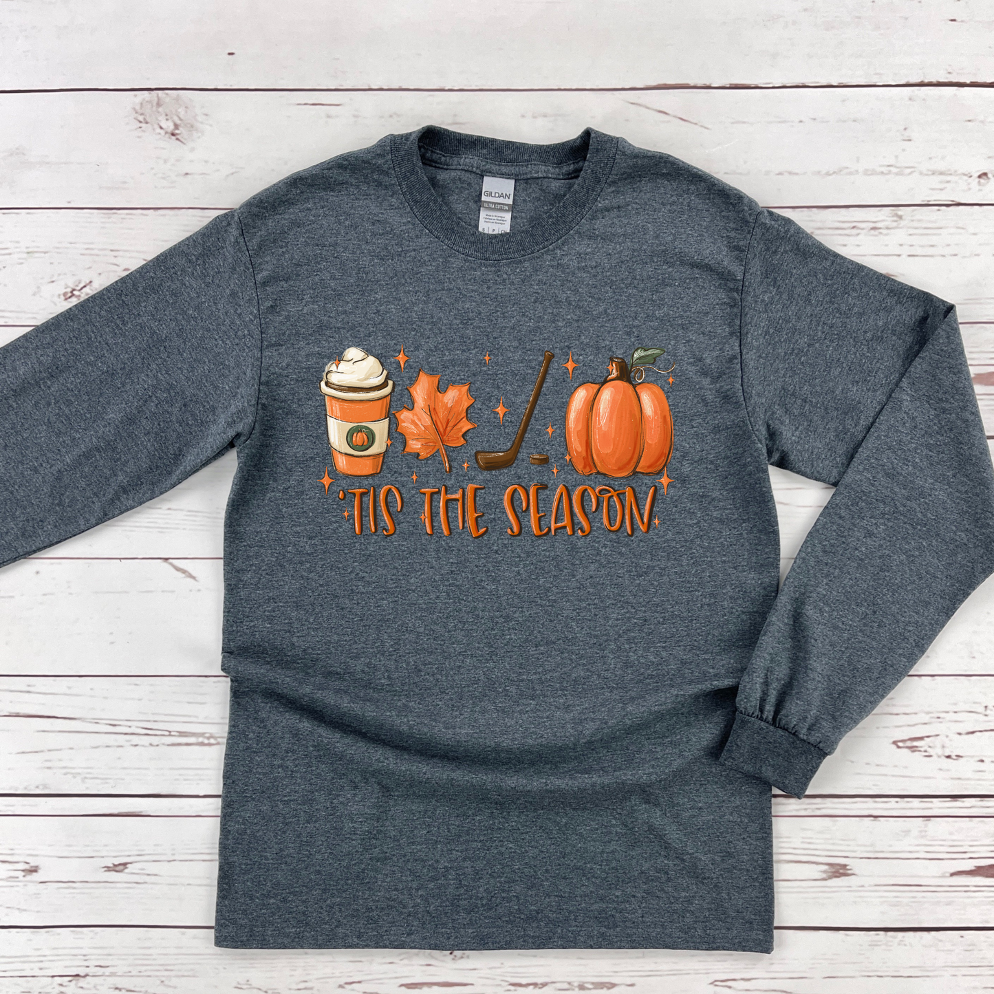 Wholesale Fall Hockey Tis The Season Graphic Tee - Gildan Dark Heather LONG SLEEVE