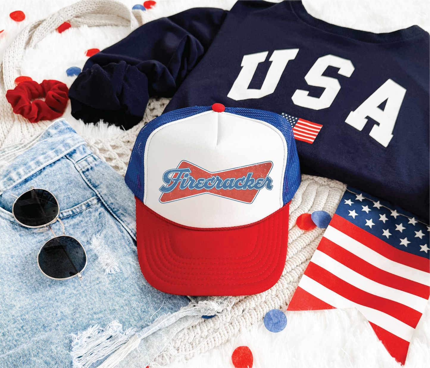 Firecracker DTF Printed Red White And Blue Trucker Hat