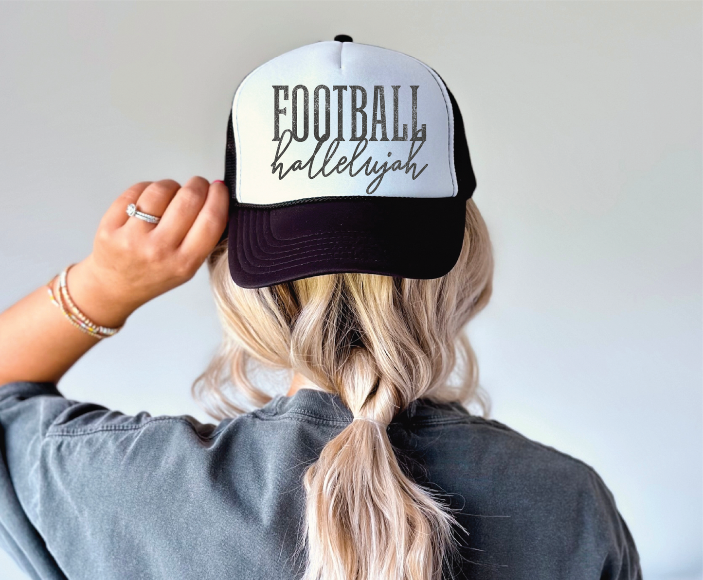 Football Hallelujah- UNISEX BLACK and White Trucker Hat