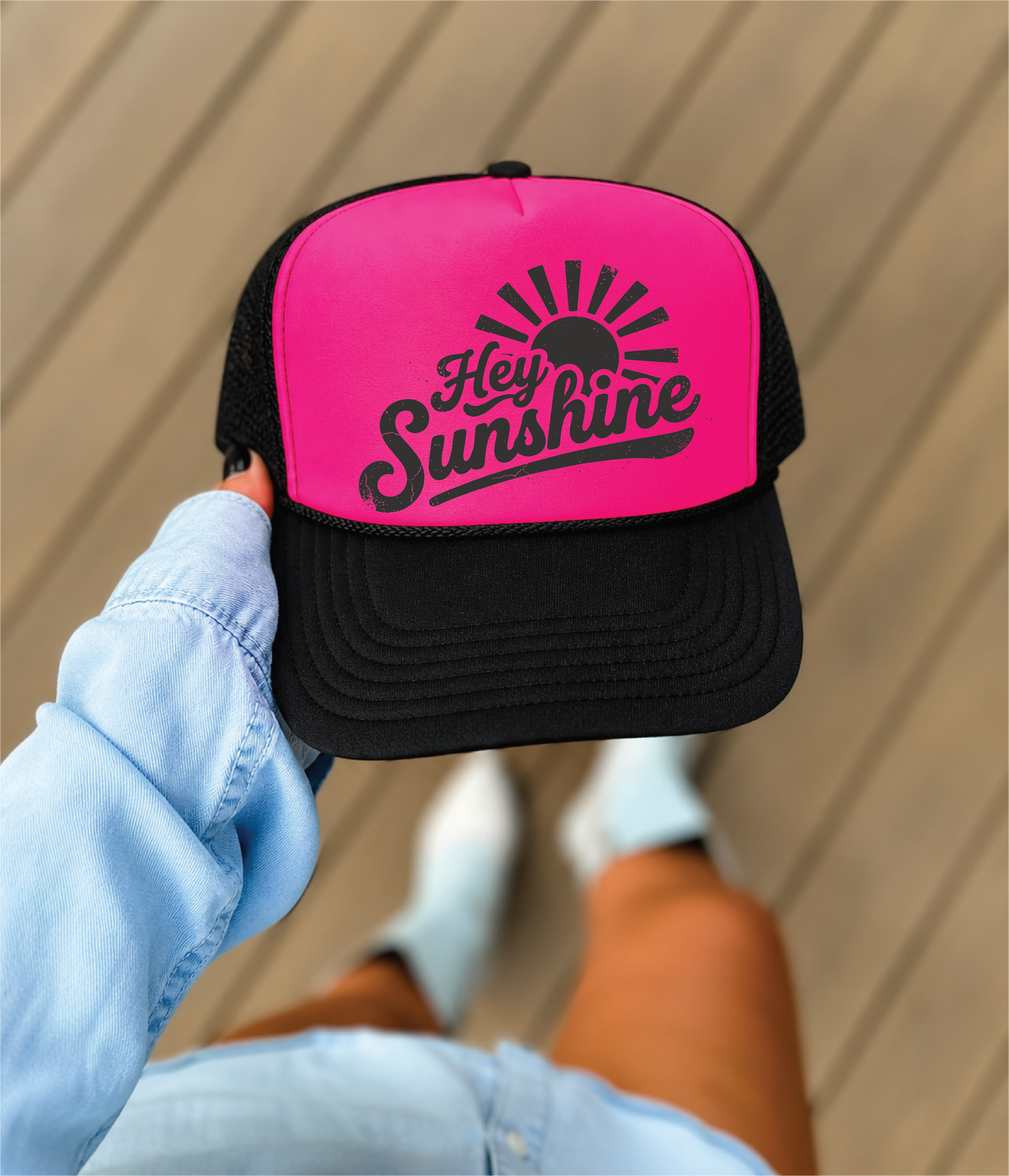 Hey Sunshine DTF Printed - UNISEX Neon Pink and Black Trucker Hat
