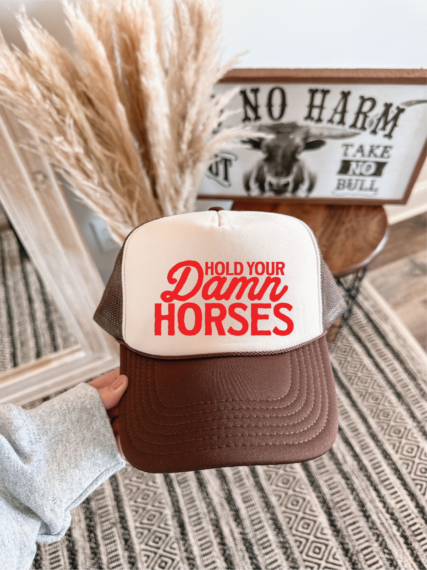 Hold Your Damn Horses DTF Printed Brown and Tan Trucker Hat
