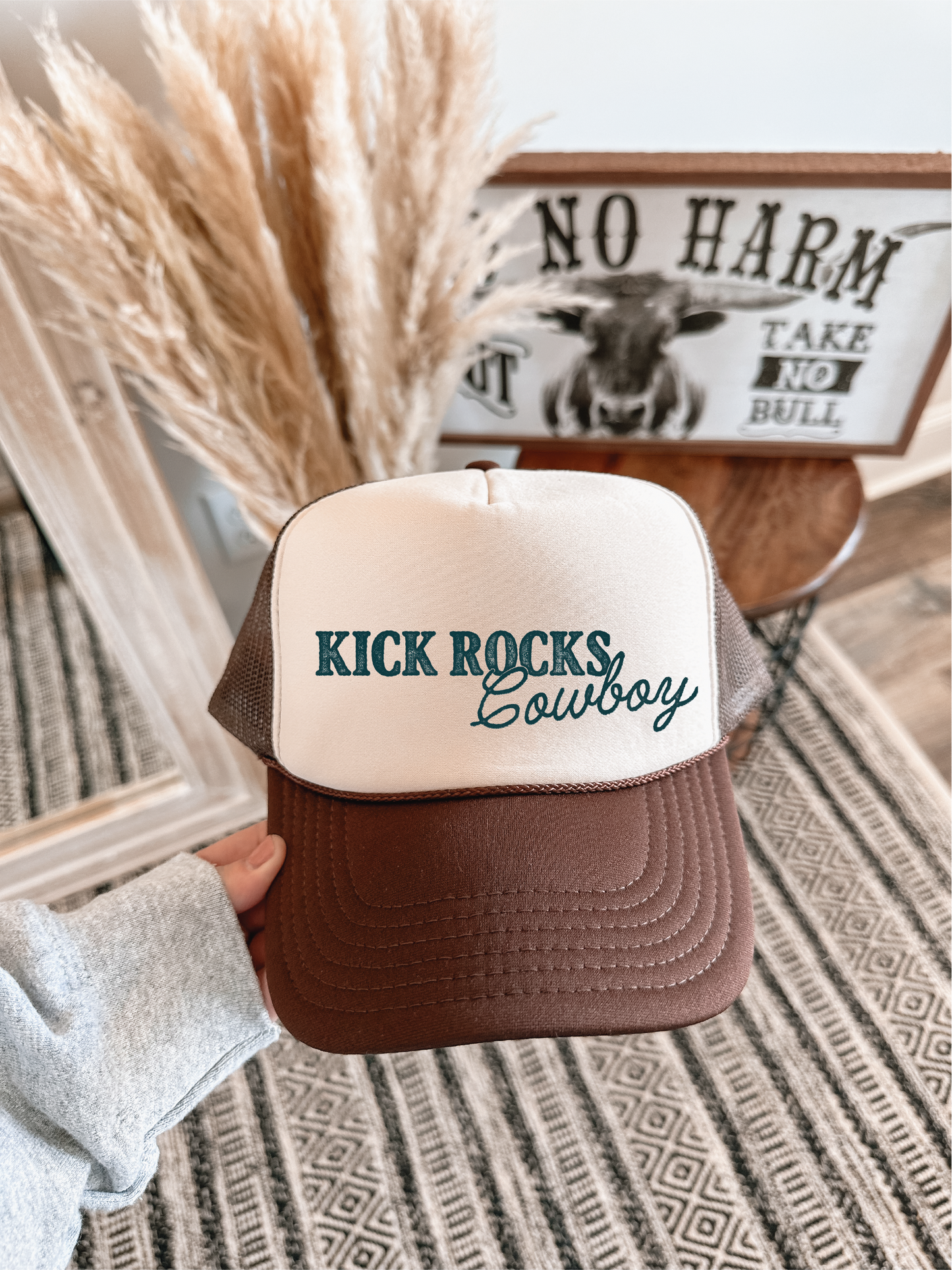 Kick Rocks Cowboy DTF Printed Brown and Tan Trucker Hat