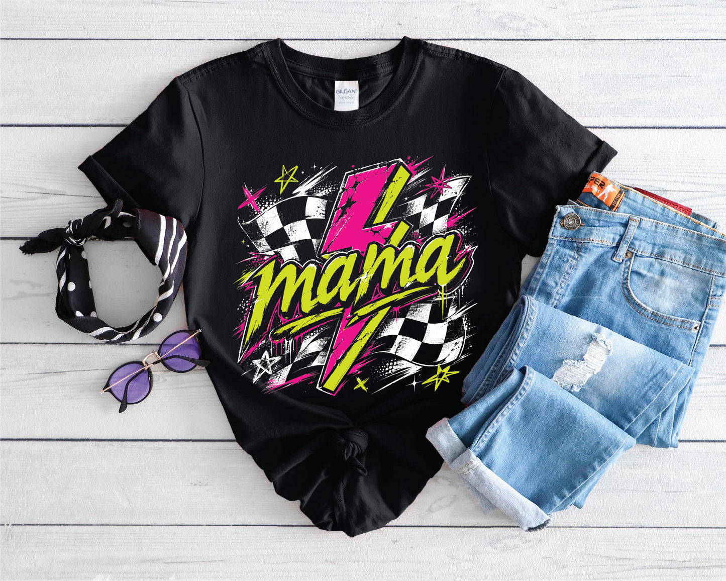 Mama Neon Checkered Bolt - Unisex Tee