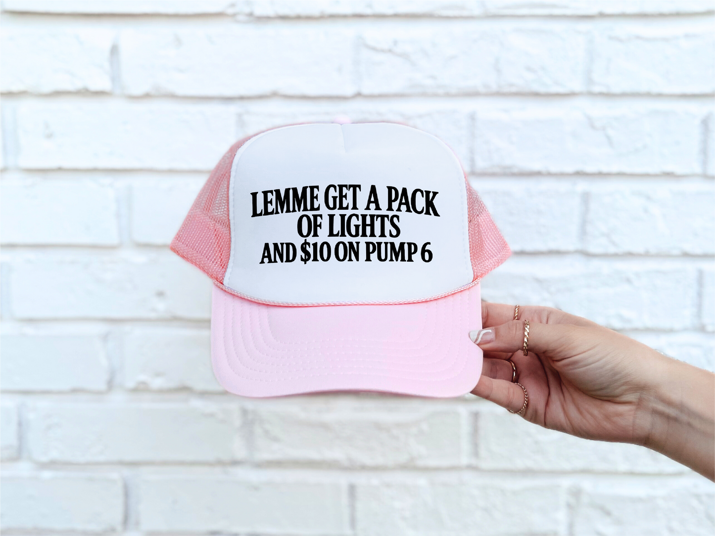 Pack of Lights and 10 on Pump 6 DTF Printed Light Pink and White Trucker Hat