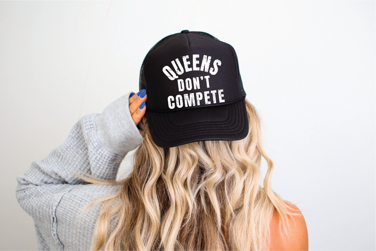 Queens Don't Compete DTF Printed Black Trucker Hat