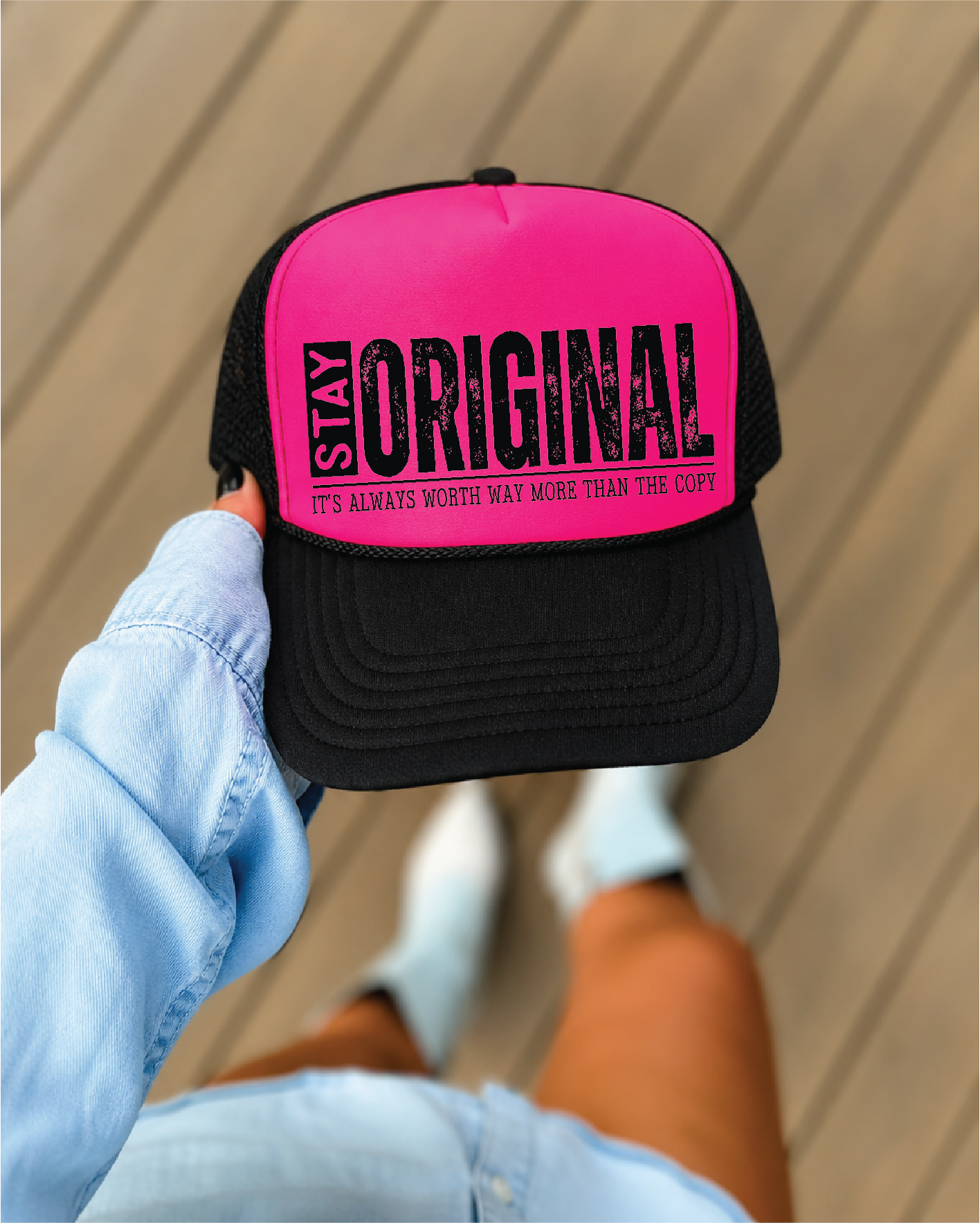 Stay Original DTF Printed - UNISEX Neon Pink and Black Trucker Hat