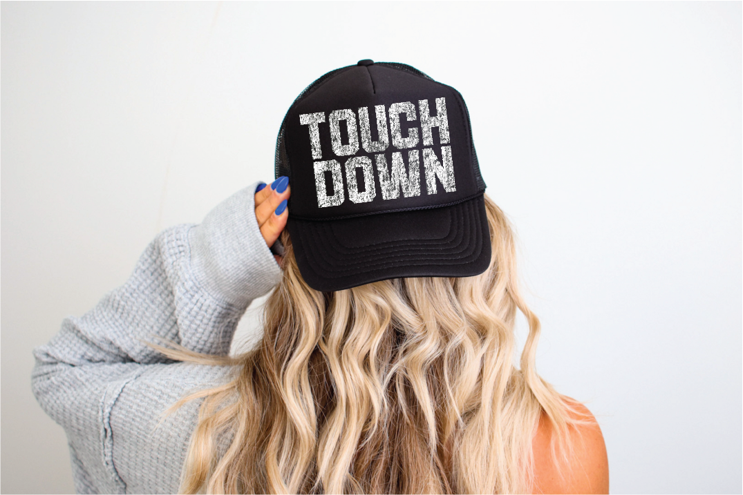Touch Down Grunge DTF Printed Black Trucker Hat