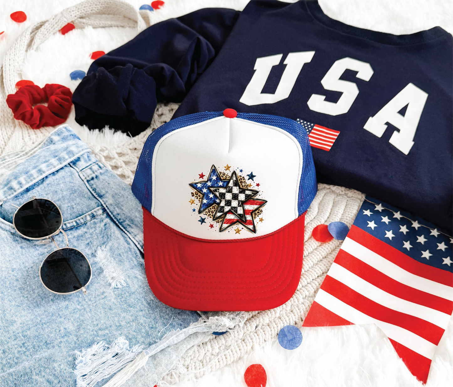 Patriotic Pattern Stars DTF Printed Red White And Blue Trucker Hat