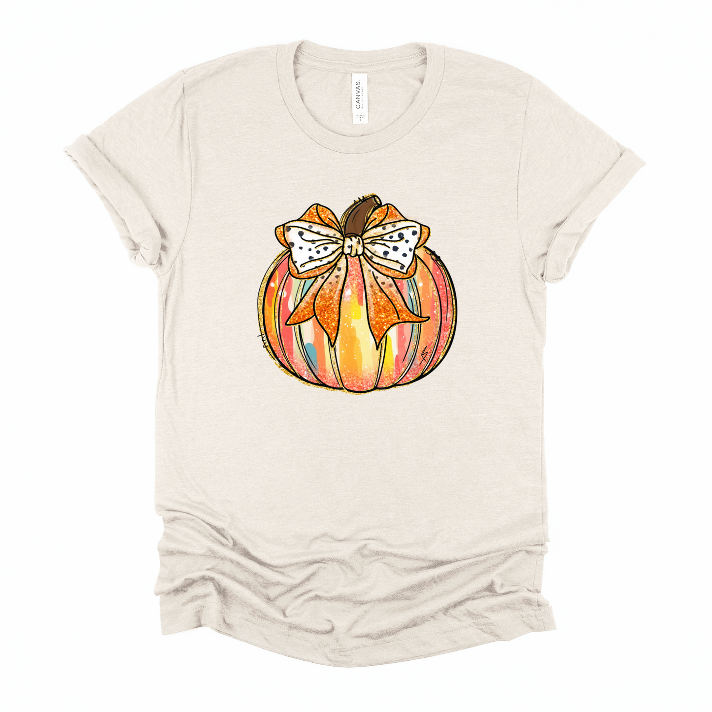 Wholesale Colorful Pumpkin Bow Graphic Tee - Heather Dust Tee
