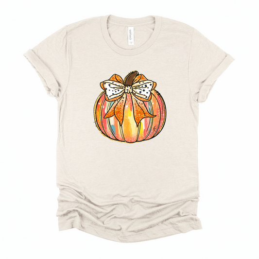 Wholesale Colorful Pumpkin Bow Graphic Tee - Heather Dust Tee
