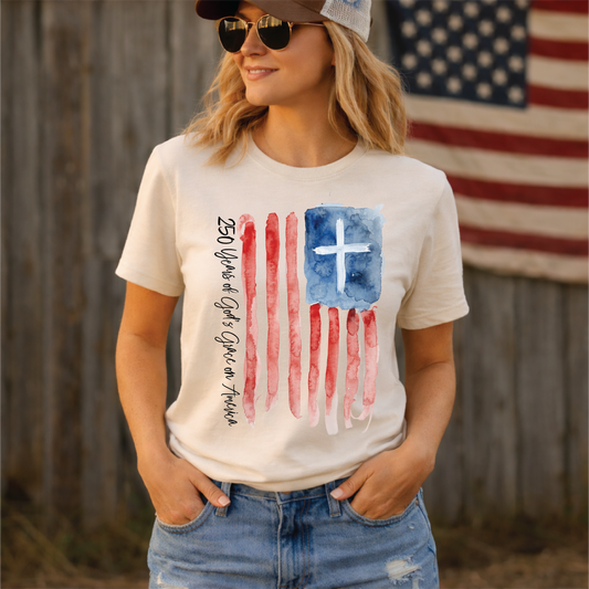 American Flag Cross 250 Years Of Gods Grace- Patriotic Tee