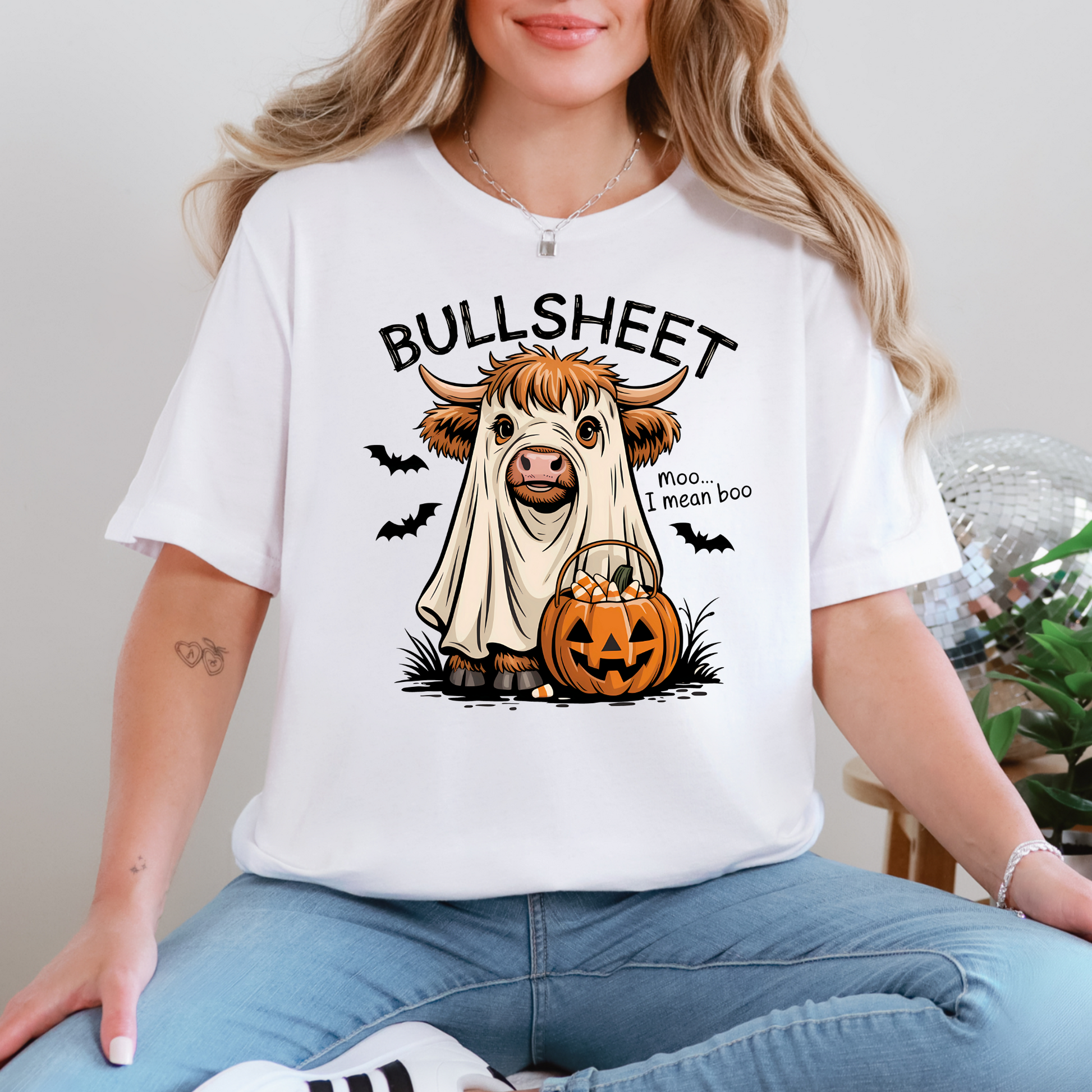 Wholesale Bullsheet and Pumpkin Graphic Tee - White Tee