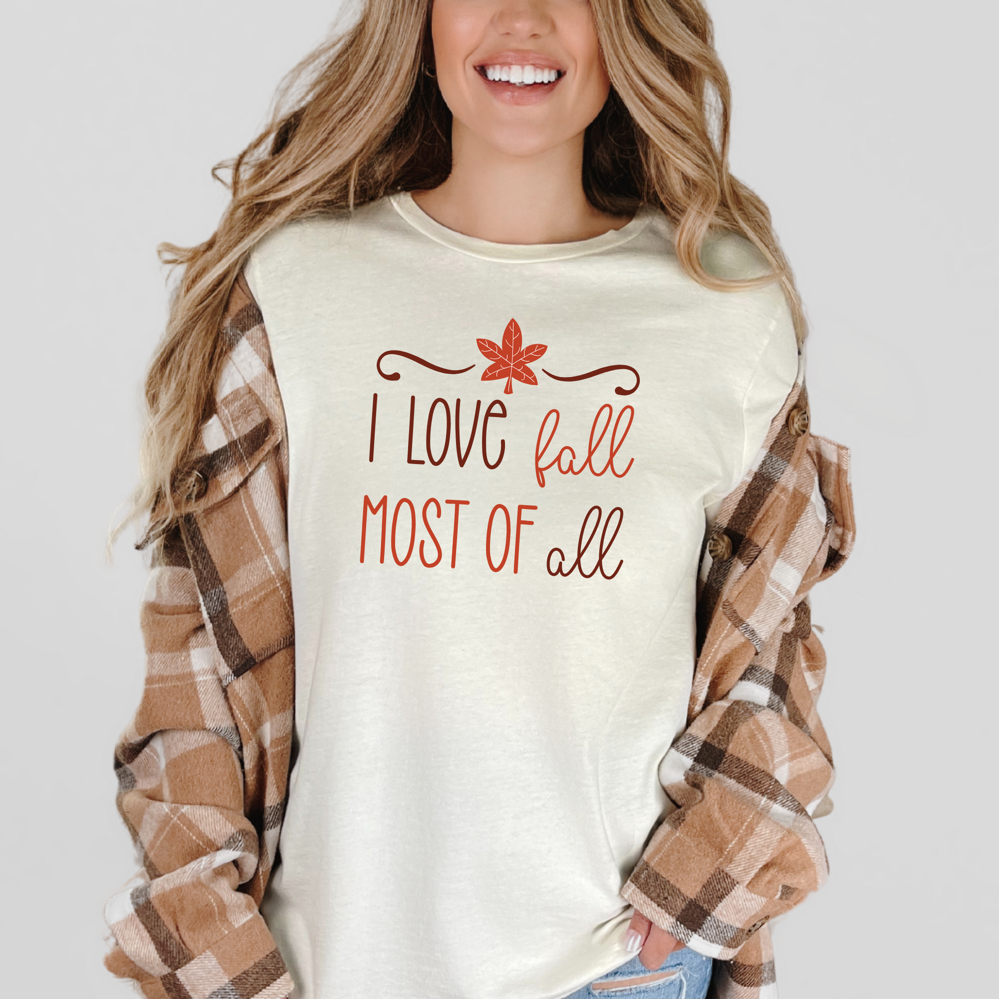 Wholesale I Love Fall Most of All Graphic Tee or Sweatshirt - Natural Tee